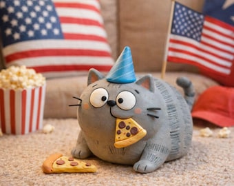mother's day Handmade Clay Blue Cat Eating Pizza Figurine, Cute Cat Desk Decor, Funny Cat Lover Gift, Kawaii Home Office Shelf Ornament