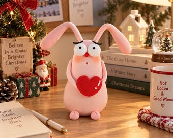 Puede incluir: Una figura de conejo de arcilla rosa claro con orejas largas, ojos blancos grandes y una nariz roja pequeña, sosteniendo un corazón rojo brillante. El conejo tiene una expresión de sorpresa con la boca pequeña abierta sobre una superficie.