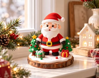 Puede incluir: Una figura de arcilla de Santa Claus con traje rojo, cinturón negro y bordes blancos, sobre una base circular de madera cubierta de nieve blanca, acompañada por dos pequeños árboles de Navidad verdes y dos cajas de regalo.
