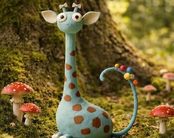 Handmade Clay Giraffe Figurine, Whimsical Animal Sculpture, Storybook Desk Decor, Nursery Shelf Accent Wabi-Sabi Clay Home Décor