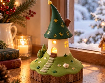 Puede incluir: Una lámpara decorativa de cerámica con forma de casa, techo verde puntiagudo con detalles de estrellas y pájaros dorados, base color crema con ventana iluminada y colina verde con escalera de piedra, flores blancas y un gato.