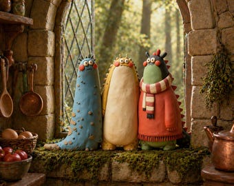 Handmade Forest Monster Figurine Set, Cute Clay Desk Decor, Whimsical Woodland Creature Ornament, Cottagecore Home Decor Gift