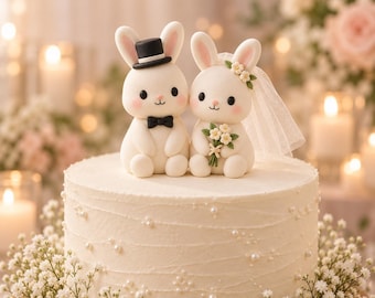 Puede incluir: Un adorno para pastel blanco con dos conejos pequeños. Un conejo lleva un sombrero de copa negro y una pajarita negra. El otro conejo lleva un velo blanco con flores pequeñas y sostiene un ramo de flores blancas. El pastel está decorado con perlas.