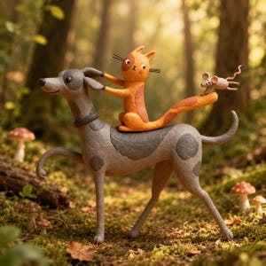 May include: A clay-style figurine featuring a grey spotted dog with a collar, an orange cat sitting on the dog's back while holding its ear, and a small beige mouse perched on the cat's long orange tail, all rendered in a smooth, matte finish.