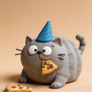 May include: A round, gray, striped cat figurine wearing a blue party hat with diagonal lines. The cat has large white eyes, a small black nose, and is holding a slice of pepperoni pizza in its mouth, with another pizza slice nearby.