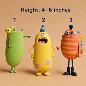 Può includere: Tre figurine di mostri colorati, ciascuna alta circa 10-15 cm. I mostri sono verdi, gialli e arancioni, con caratteristiche uniche come grandi occhi, bocche aperte e vari accessori. Il testo "Height: 4-6 inches" è visualizzato sopra.