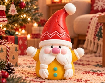 Figura de gnomo navideño, gnomo de arcilla hecho a mano con sombrero rosa, decoración navideña original para estantes, regalo de estilo cottagecore.
