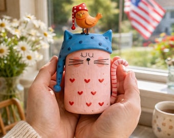Mother's Day Cat Bird Figurine, Handmade Clay Cat Decor, Cute Gift for Mom, Whimsical Shelf Desk Ornament,  Wabi-Sabi Clay Home Décor