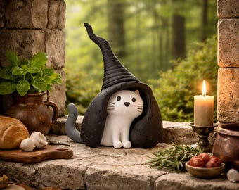 Handmade Witch Hat Cat Figurine, Wabi-Sabi Clay Decor, Mini Witchy Gift for Cat Lovers
