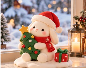 Figura de conejito navideño hecha a mano, lindo conejo de arcilla con árbol, pequeña decoración navideña para estante