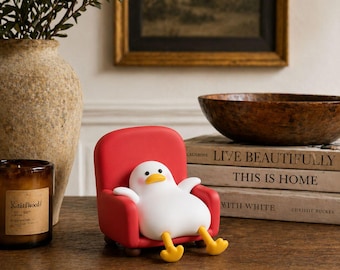 Handmade Clay Duck Chair Decor, Cute Duck Figurine, Whimsical Shelf Sitter, Cozy Desk Ornament, Duck Lover Gift, Home Decor