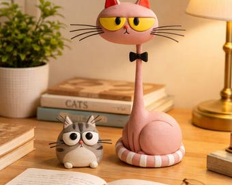 Handmade Clay Cat Figurine Set, Whimsical Cat Desk Decor, Original Cat Sculpture, Cute Cat Lover Gift, Mini Home Decor