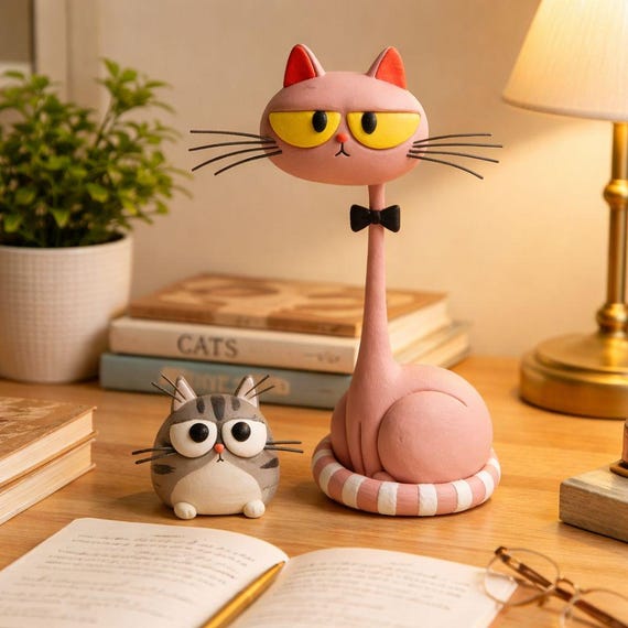 Handmade Clay Cat Figurine Set, Whimsical Cat Desk Decor, Original Cat Sculpture, Cute Cat Lover Gift, Mini Home Decor