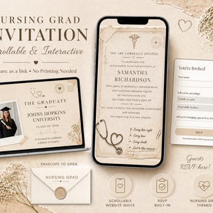 Könnte beinhalten: Eine digitale Einladung zur Krankenpflege-Graduierung mit Vintage-Ästhetik. Das Design umfasst einen Laptop, ein Smartphone und eine RSVP-Karte. Der Einladungstext lautet "Nursing Grad Invitation" und enthält den Namen der Absolventin und die Universität.