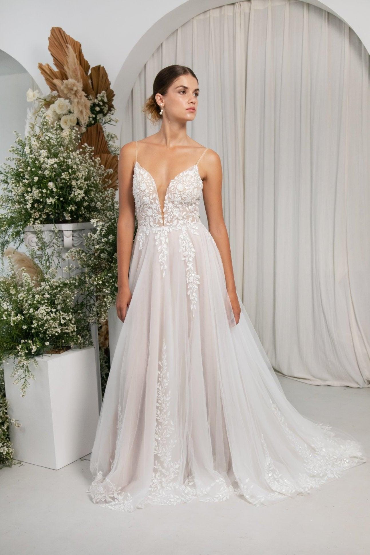 ivory lace wedding dress with sleeves Ivory Long Sleeve Cape Lace Mermaid Wedding Dress with Appliques, White-Nude / 20 main image 1