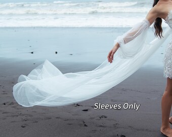 Detachable Tulle Cape Sleeves ONLY, Bridal Puff Sleeves, Wedding Dress Add On, Removable Bicep Sleeves, Long Tulle Train, Custom Made