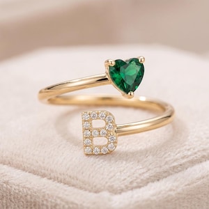 Custom Pave Initial Heart Birthstone Ring, Personalized Wrap Bypass Jewelry