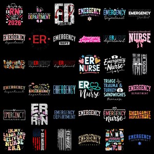 May include: A collection of graphic designs featuring text related to emergency medical services. Designs include phrases like "Emergency Department," "ER Nurse," and "ER Crew," with medical symbols and the American flag incorporated into the designs. The text is in various fonts and colors.