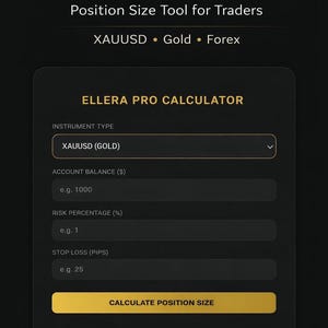 May include: A digital interface for a Forex risk calculator. The text reads "FOREX RISK CALCULATOR" and "Position Size Tool for Traders." The calculator includes fields for instrument type, account balance, risk percentage, and stop loss.