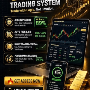 May include: Gold AI Trading System promotional image. Features a laptop and smartphone displaying trading data, gold bars, and coins. Text includes "Trade with Logic, Not Emotion," "AI Score 89%," and "Get Access Now."