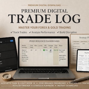 Könnte beinhalten: Ein digitales Handelsprotokoll mit Laptop, Tablet und Notizblock. Der Laptop zeigt ein Performance-Dashboard, das Tablet ein Handelsprotokoll. Text: "Premium Digital Trade Log."