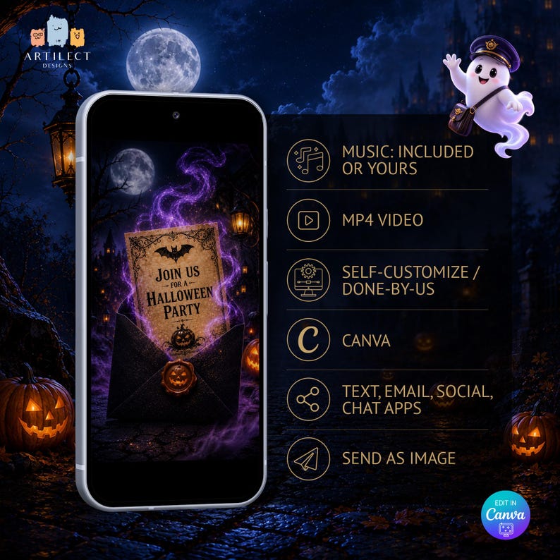 May include: A smartphone displaying a digital Halloween party invitation with a black envelope and purple smoke. Text reads: JOIN US FOR A HALLOWEEN PARTY. Features include: MUSIC: INCLUDED OR YOURS, MP4 VIDEO, SELF-CUSTOMIZE / DONE-BY-US, CANVA, TEXT, EMAIL, SOCIAL, CHAT APPS, SEND AS IMAGE.