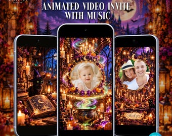 Puede incluir: Tres teléfonos inteligentes muestran una invitación de video animada con temática de Halloween y música. Las pantallas presentan un entorno mágico oscuro con un gato negro, un libro de hechizos, un caldero, velas y marcos circulares.