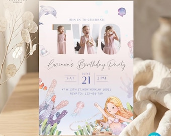 Puede incluir: Una invitación de cumpleaños con temática de sirenas. La invitación presenta la palabra "TWO" con fotos de una niña. La invitación incluye el texto "Luciana's Birthday Party" y los detalles del evento. El diseño incorpora ilustraciones de acuarela de la vida marina.