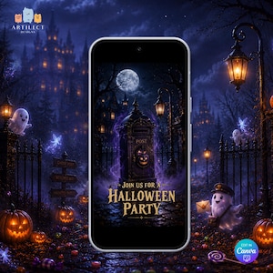 May include: A smartphone displaying a digital Halloween party invitation featuring a dark, gothic post box, a glowing jack-o'-lantern, and the text "JOIN US FOR A HALLOWEEN PARTY" set against a spooky night scene with ghosts, pumpkins, and a full moon.
