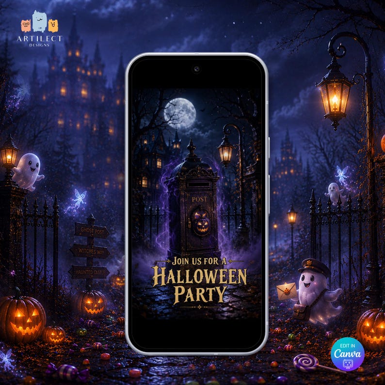 May include: A smartphone displaying a digital Halloween party invitation featuring a dark, gothic post box, a glowing jack-o'-lantern, and the text "JOIN US FOR A HALLOWEEN PARTY" set against a spooky night scene with ghosts, pumpkins, and a full moon.
