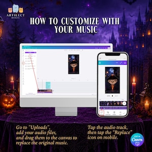May include: A computer monitor and a smartphone displaying a Canva interface with instructions on how to customize audio. The text reads: How to customize with your music. Go to Uploads, add your audio files, and drag them to the canvas to replace the original music. Tap the audio track, then tap the Replace icon on mobile.