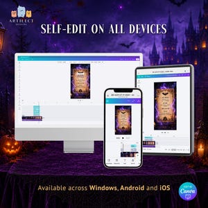May include: A computer monitor, a smartphone, and a tablet displaying a digital invitation template with a purple smoke and bat theme. The text reads SELF-EDIT ON ALL DEVICES and Available across Windows, Android and iOS with a Canva logo.