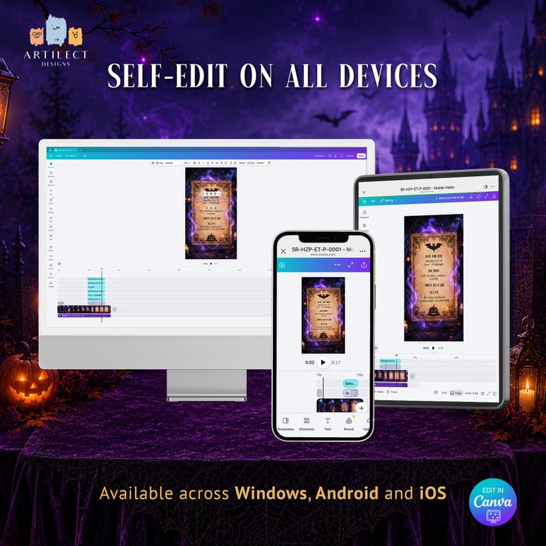 May include: A computer monitor, a smartphone, and a tablet displaying a digital invitation template with a purple smoke and bat theme. The text reads SELF-EDIT ON ALL DEVICES and Available across Windows, Android and iOS with a Canva logo.