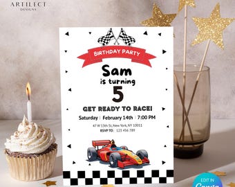 Puede incluir: Una invitación de fiesta de cumpleaños con temática de coches de carreras. La invitación presenta una pancarta roja que dice "BIRTHDAY PARTY" y el nombre "Sam" con el número "5". La invitación también incluye el texto "GET READY TO RACE!" y los detalles del evento. Una magdalena con una vela encendida está en la imagen.