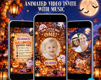 May include: Three smartphones display an animated Halloween-themed birthday invitation. The screens feature autumn leaves, pumpkins, ghosts, and black cats. Text includes "Our Little Boo Is Turning One!" and "Eliana's Halloween Birthday Party."