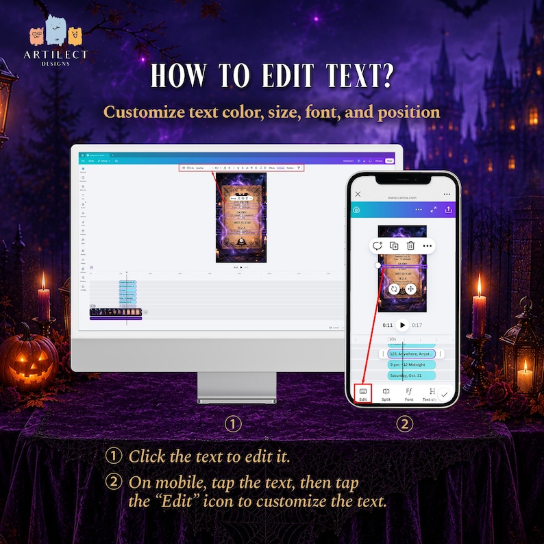 May include: A computer monitor and a smartphone displaying a design editing interface with a Halloween-themed template. The text reads: HOW TO EDIT TEXT? Customize text color, size, font, and position. 1 Click the text to edit it. 2 On mobile, tap the text, then tap the Edit icon to customize the text.