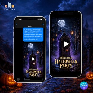 May include: Two smartphones displaying a digital Halloween party invitation. The screen shows a text message and a video thumbnail featuring a dark, gothic graveyard scene with a glowing jack-o'-lantern, a full moon, and the text Join Us For A Halloween Party.