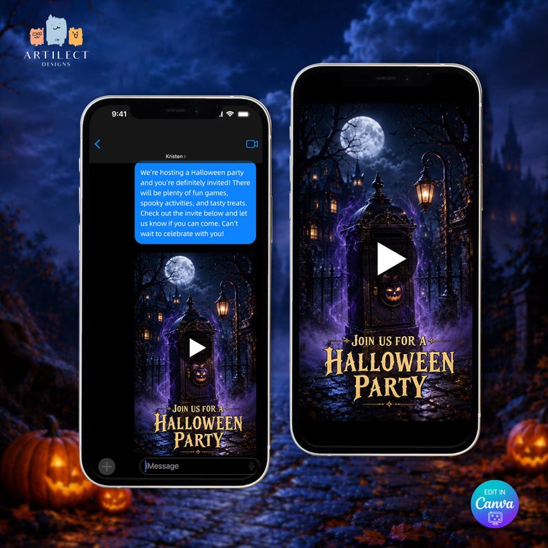 May include: Two smartphones displaying a digital Halloween party invitation. The screen shows a text message and a video thumbnail featuring a dark, gothic graveyard scene with a glowing jack-o'-lantern, a full moon, and the text Join Us For A Halloween Party.