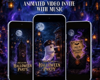 Puede incluir: Tres teléfonos inteligentes muestran una invitación de video animada para una fiesta de Halloween. Las pantallas presentan un fantasma con gorra, un buzón y un sobre con el texto JOIN US FOR A HALLOWEEN PARTY sobre un fondo de casa embrujada.