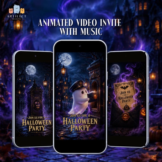 Animated Halloween Party Invite, Ghost Mailman Theme, Editable Canva Video (Digital File)