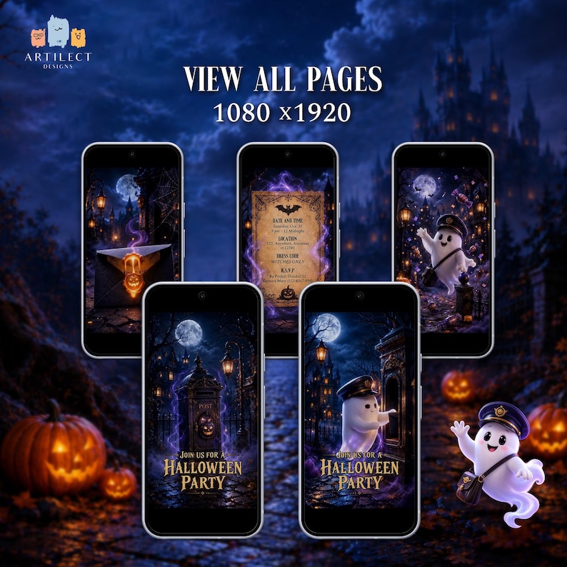 May include: Five smartphones displaying Halloween-themed digital invitation designs. The screens feature a ghost wearing a cap, a post box, and a parchment-style invitation with text including Date and Time, Location, Dress Code, and RSVP details.