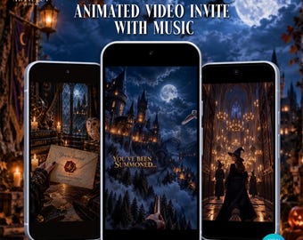 May include: Three smartphones displaying an animated video invitation with a magical theme. The screens show a castle at night, a hand holding an envelope with a wax seal, and figures in robes inside a grand hall under a full moon.