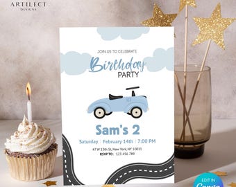 Plantilla editable de invitación de cumpleaños para niño aficionado a los coches, descarga digital imprimible, folleto de fiesta para cualquier edad.