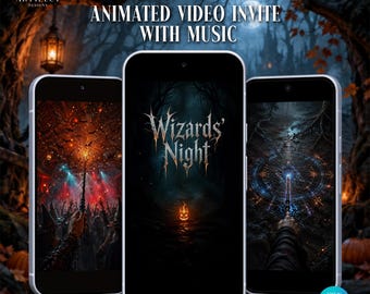 May include: Three smartphones displaying digital invitation graphics. The center screen features the text "Wizards' Night" above a glowing jack-o'-lantern. The side screens show dark, atmospheric scenes with wands, magical light effects, and crowds.