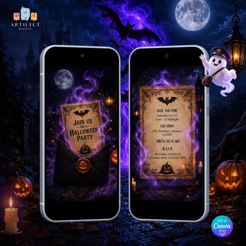 May include: Two smartphones displaying a digital Halloween party invitation. The screens show a parchment-style card with black bat and pumpkin graphics, purple smoke, and text including Join Us For A Halloween Party, Date and Time, and Location.