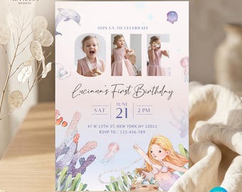Puede incluir: Una invitación personalizada para una fiesta de primer cumpleaños. El diseño presenta una ilustración de acuarela de una sirena, corales y criaturas marinas. La invitación incluye el texto "Luciana's First Birthday" y detalles del evento.