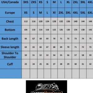 May include: Size chart for a Cordura motorbike racing jacket, with measurements in centimeters. Includes chest, bottom, back length, sleeve length, shoulder to shoulder, and cuff sizes. The LeatherMotoCraft logo is at the bottom.