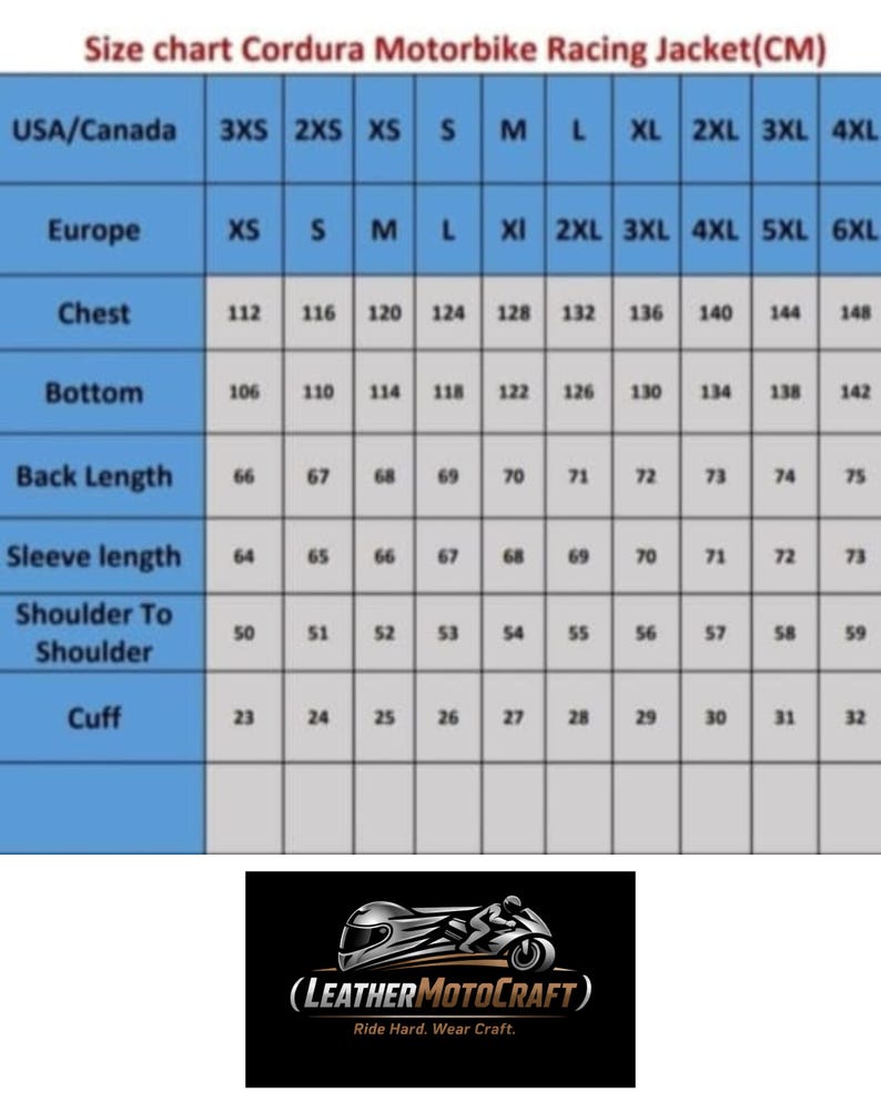 May include: Size chart for a Cordura motorbike racing jacket, with measurements in centimeters. Includes chest, bottom, back length, sleeve length, shoulder to shoulder, and cuff sizes. The LeatherMotoCraft logo is at the bottom.