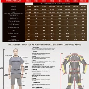 Puede incluir: Tabla de tallas para trajes de moto para hombre, con medidas en cent&iacute;metros. Incluye pecho, cintura, cadera, largo total, hombro, cuello, pu&ntilde;o, manga, rodilla, codo, entrepierna y muslo.