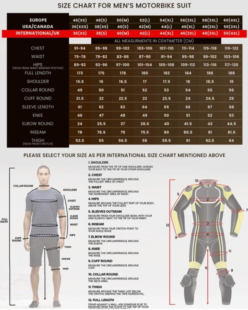 Puede incluir: Tabla de tallas para trajes de moto para hombre, con medidas en cent&iacute;metros. Incluye pecho, cintura, cadera, largo total, hombro, cuello, pu&ntilde;o, manga, rodilla, codo, entrepierna y muslo.